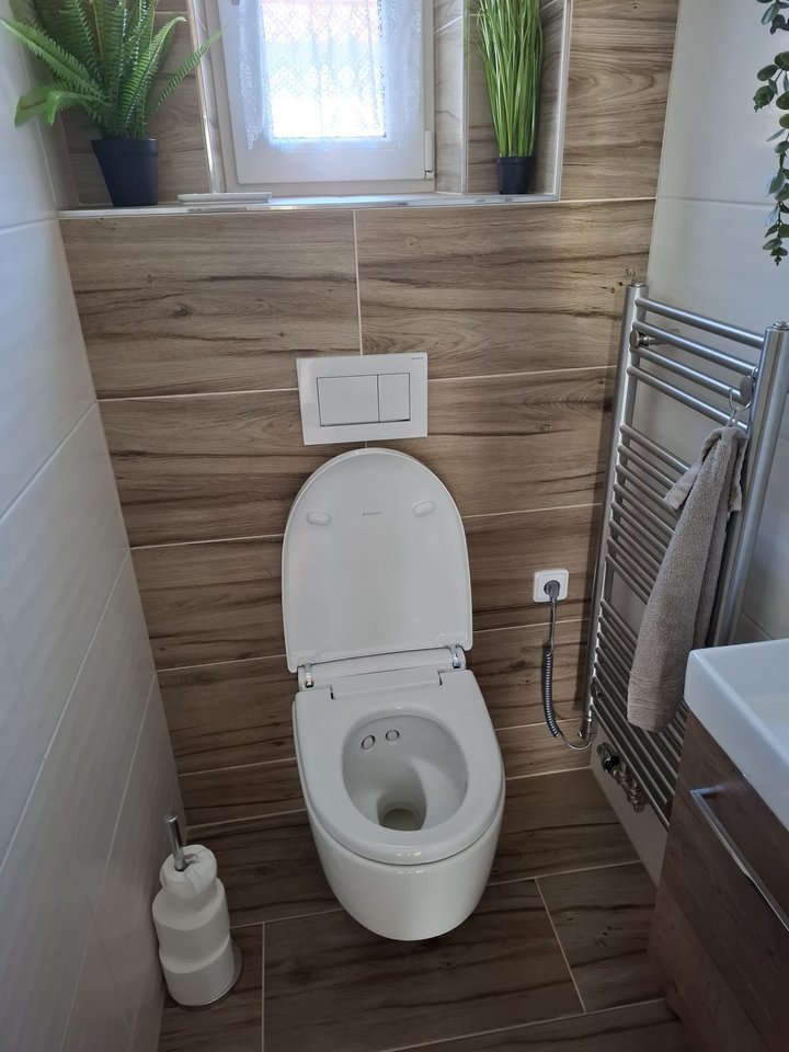 WC s dřevodekorovým obkladem a oknem